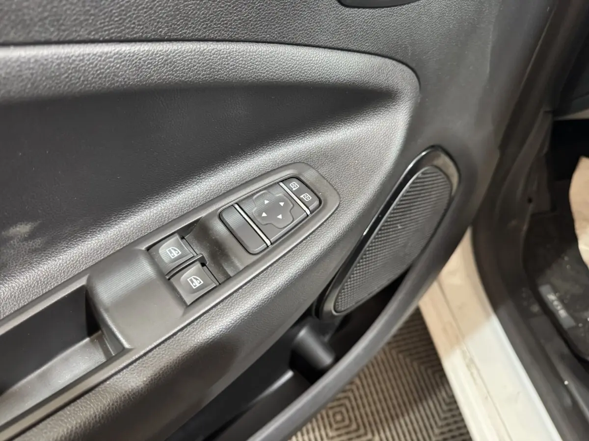 Gros plan sur la commande des vitres et le haut-parleur de la porte avant gauche d’une Renault ZOE blanche de 2020.