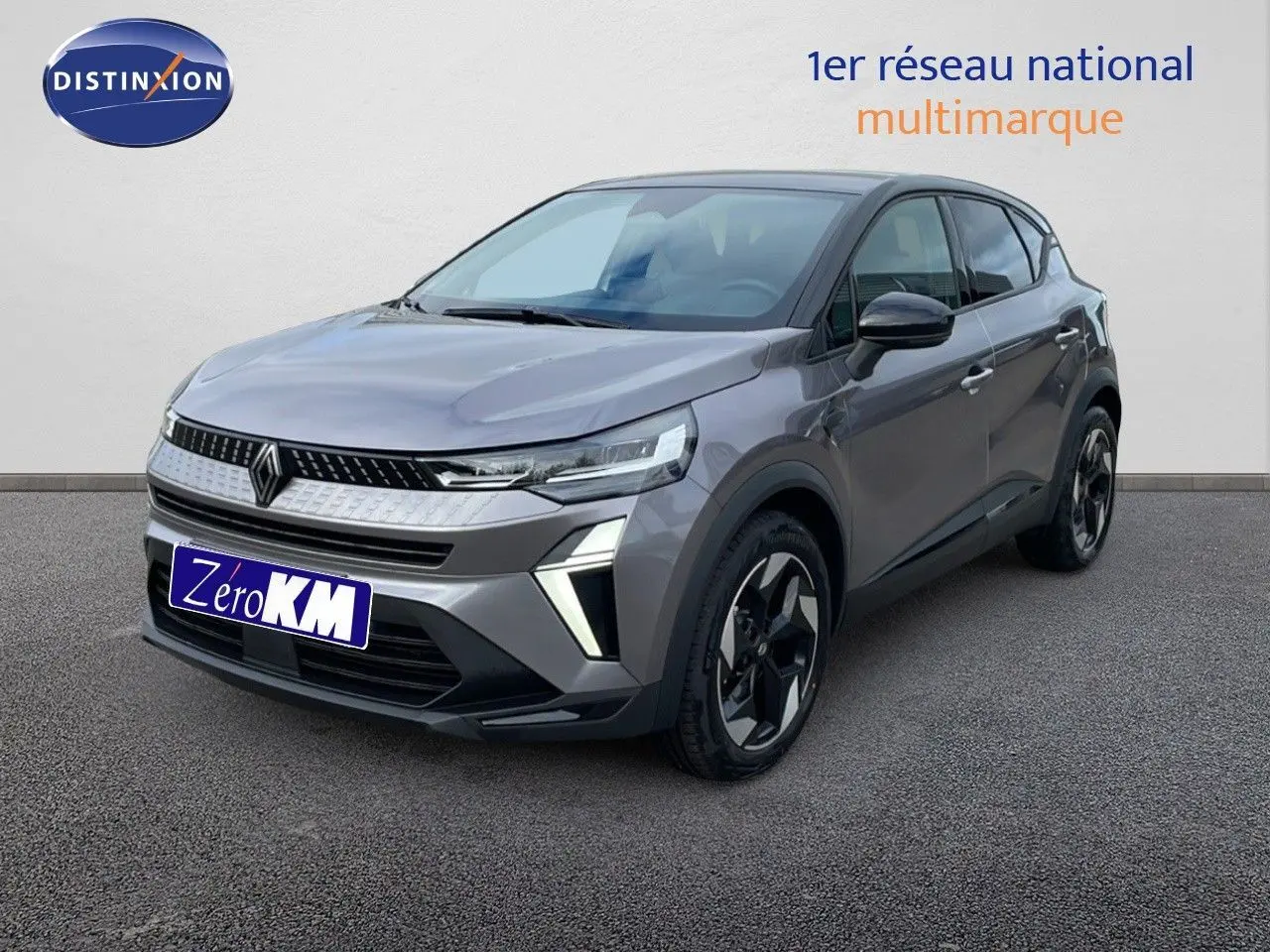 Renault Captur E-Tech hybride gris cassiopée métal avec toit noir, vue 3/4 avant droit sur fond neutre.