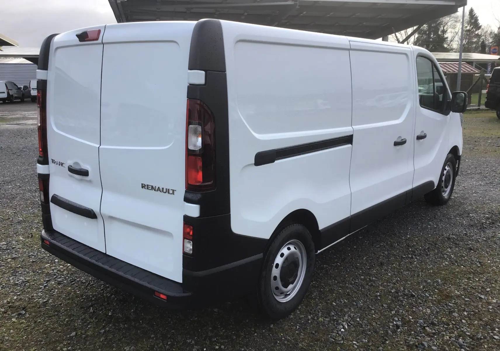 Vue 3/4 arrière droite d'un Renault Trafic Fourgon blanc 2025 avec portes arrière battantes et protections noires.