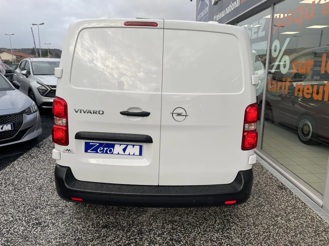 Vue arrière d’un utilitaire Opel Vivaro blanc avec portes battantes et pare-chocs noirs, stationné devant une vitrine.