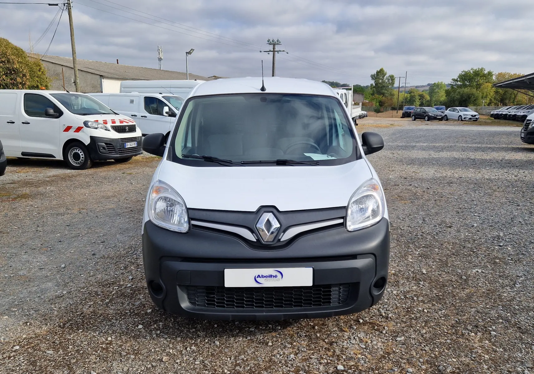 Renault Kangoo blanc en 3/4 avant droit, fourgonnette utilitaire avec pare-chocs noir mat et calandre distinctive.