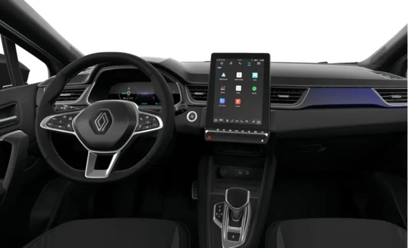 Vue intérieure frontale du tableau de bord du Renault Captur esprit Alpine hybride, avec écran tactile vertical et volant multifonctions.