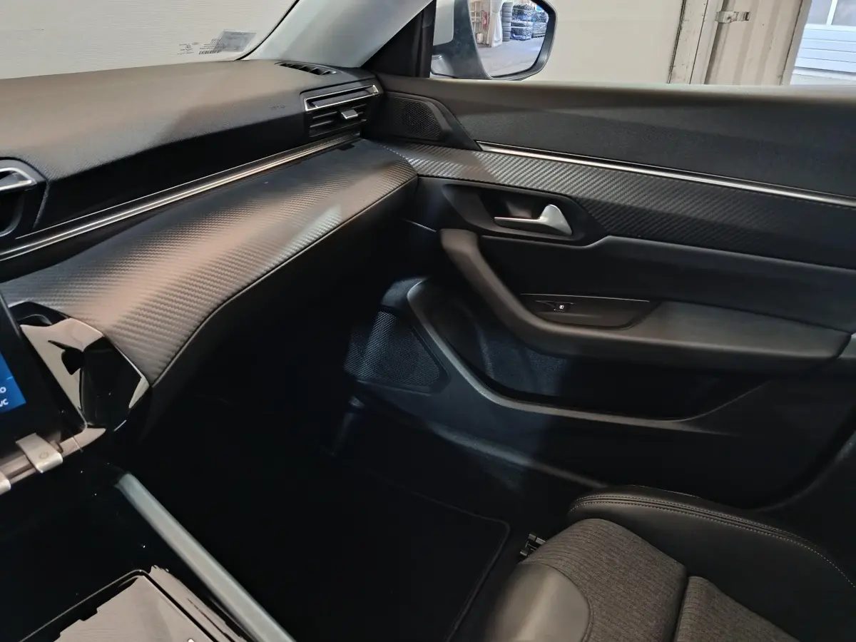 Vue intérieure côté passager de la Peugeot 508 gris clair, tableau de bord et porte avec finition carbone.