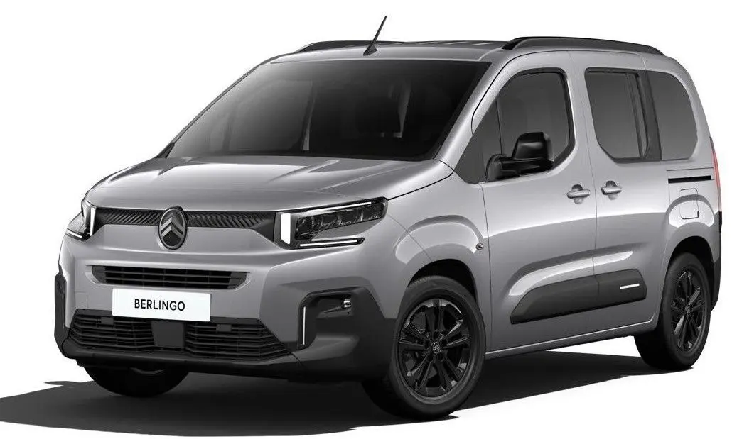 Citroën Berlingo 2025 gris Artense en 3/4 avant droit, avec jantes noires et signature lumineuse LED marquée.