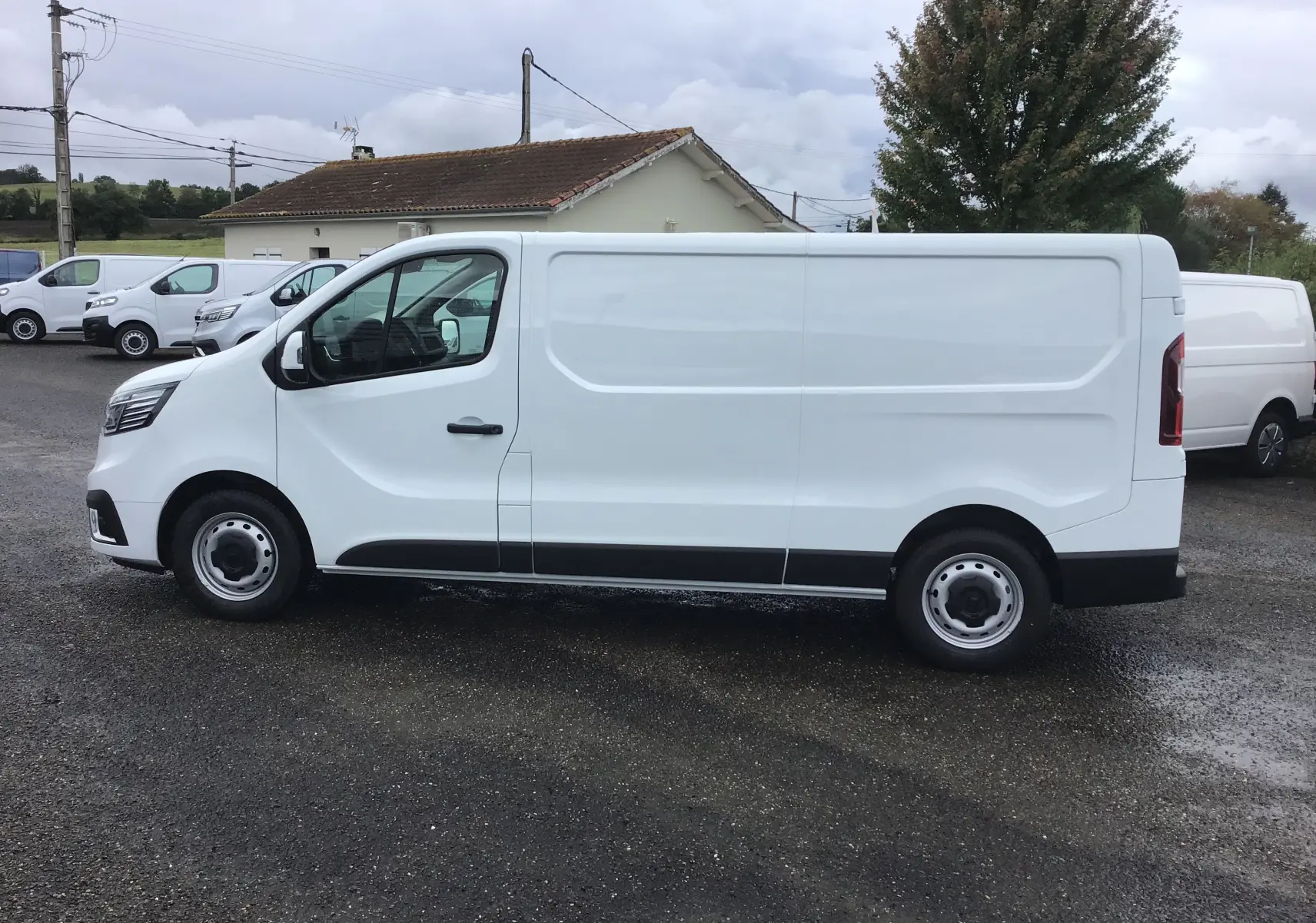Renault Trafic Fourgon blanc en vue de profil côté gauche, soulignant sa silhouette allongée et ses jantes acier simples.