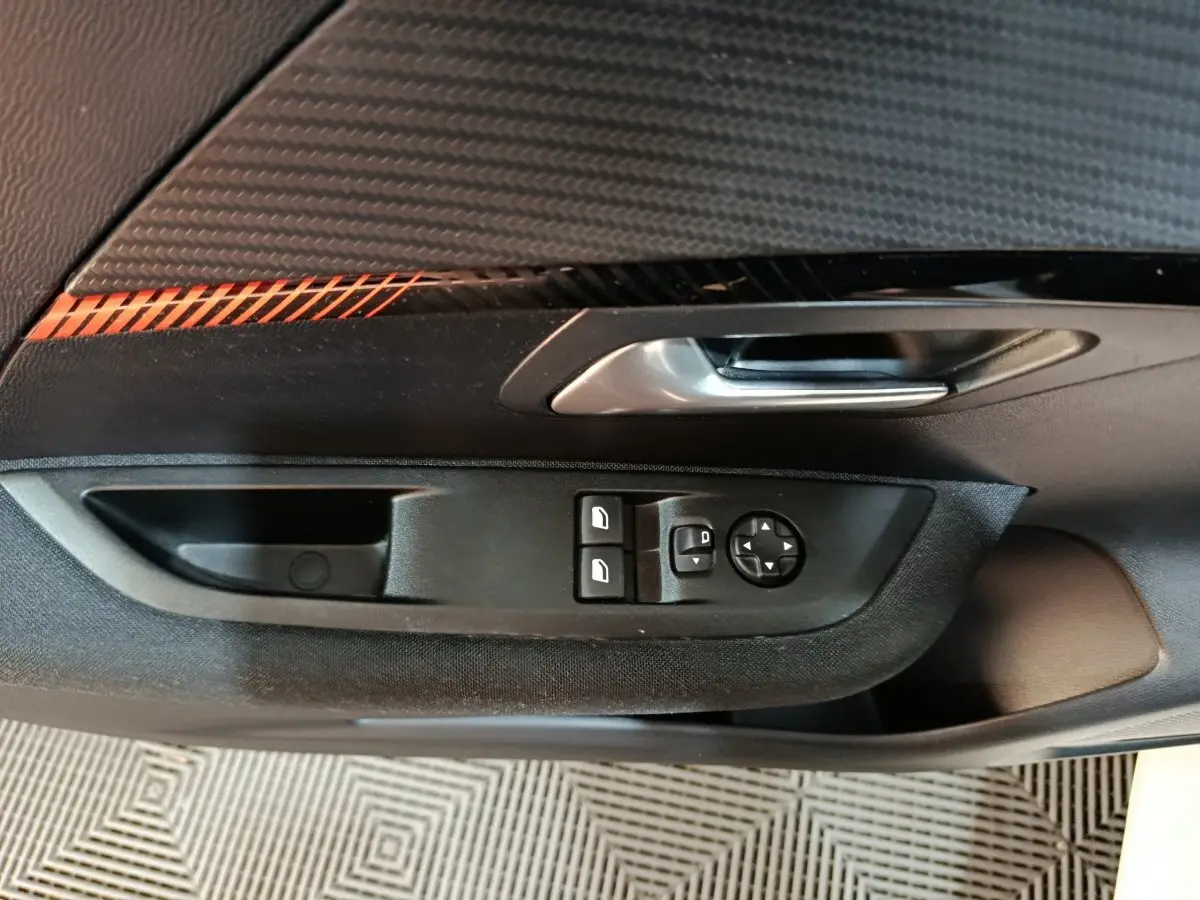 Détail de la porte côté gauche du Peugeot 208 Electrique Active Business 2020 avec commandes de vitres et rétroviseurs.