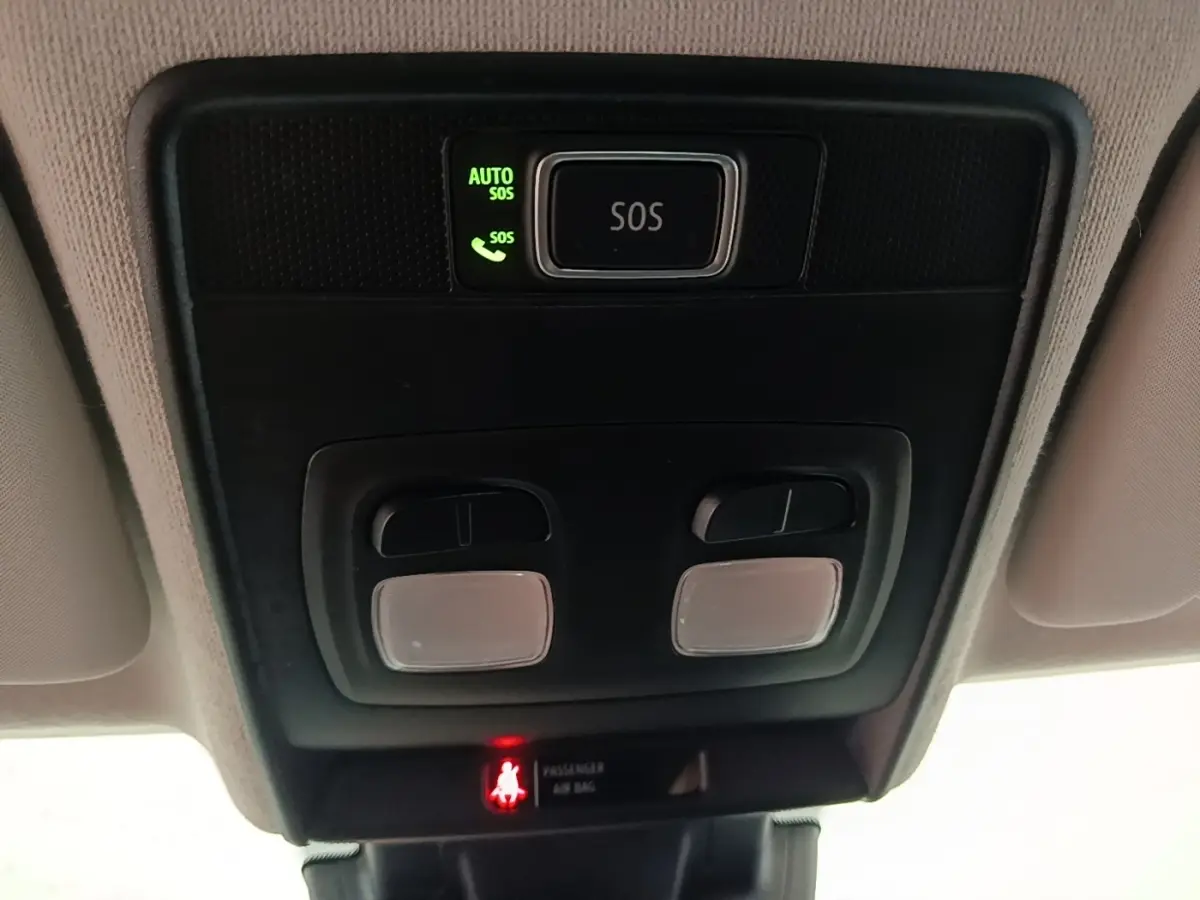 Vue en plongée sur le plafonnier noir avec bouton SOS et éclairages intérieurs de la Renault Clio Business gris foncé.