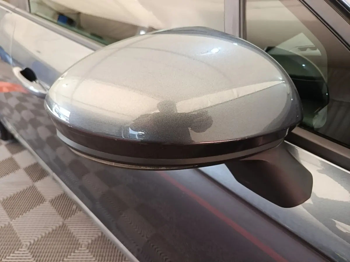 Rétroviseur côté gauche gris foncé de Renault Clio Business TCe 100, avec reflet et poignée de porte visible.