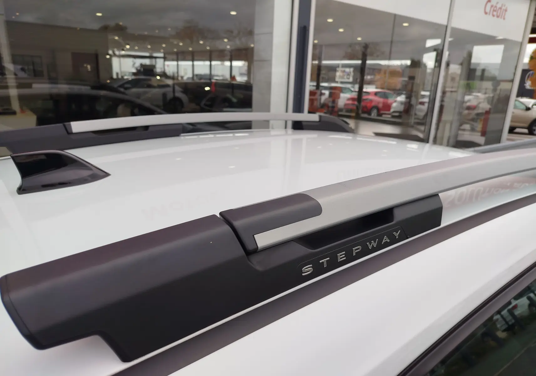 Gros plan sur la barre de toit grise avec logo Stepway du toit blanc glacier d'une Dacia Sandero Stepway 2021.