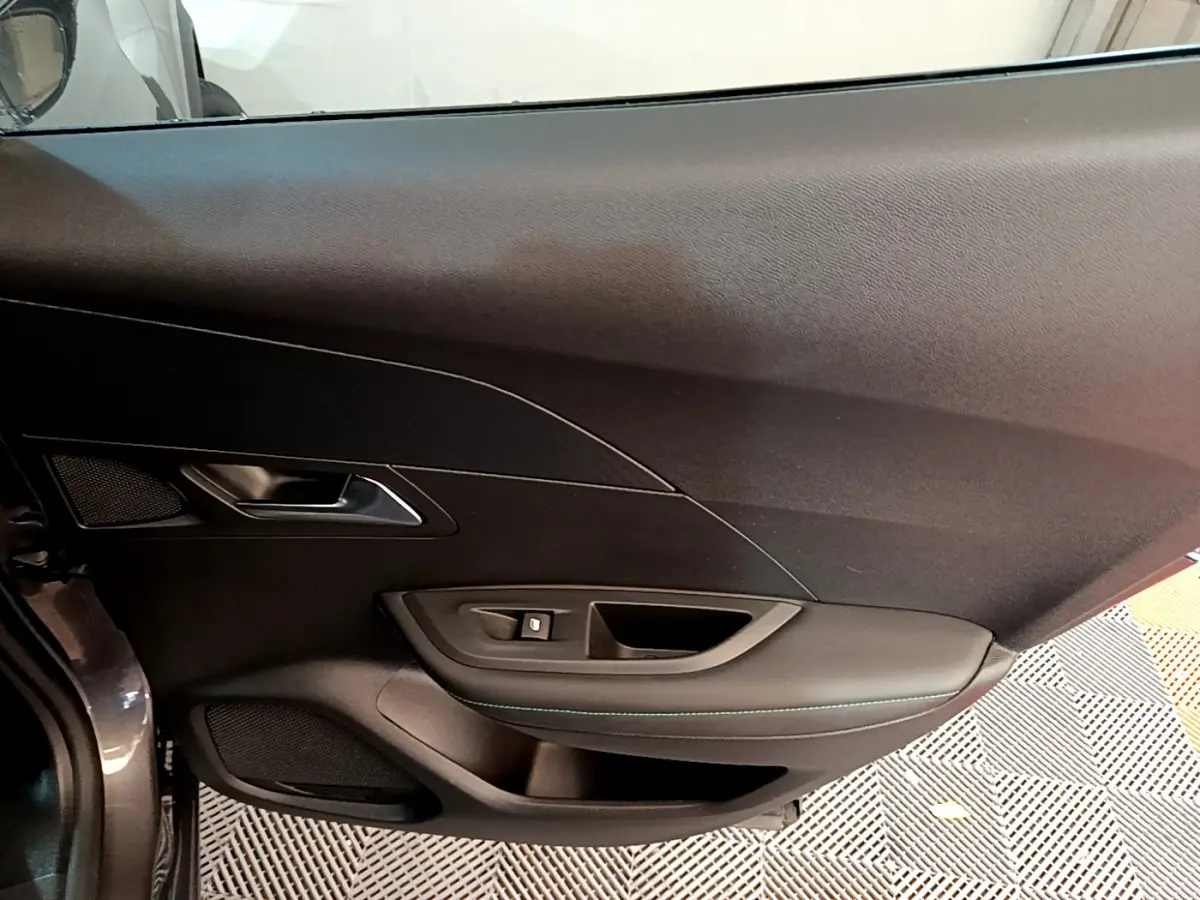 Vue intérieure du panneau de porte arrière gauche gris foncé du Peugeot 2008 avec commande de lève-vitre et poignée intégrée.