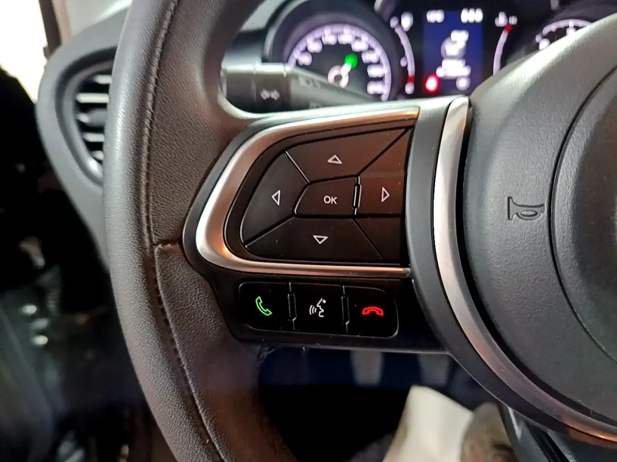 Gros plan sur les commandes multifonctions à gauche du volant du Fiat 500X gris foncé, avec tableau de bord flou en arrière-plan.