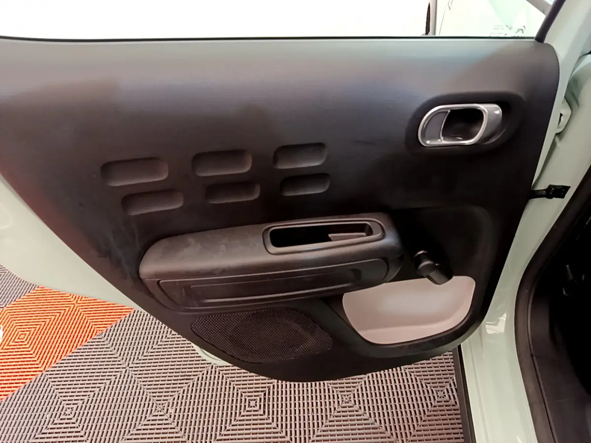 Gros plan sur la porte avant gauche vert clair d'une Citroën C3 2019 avec poignée noire et manivelle de vitre.