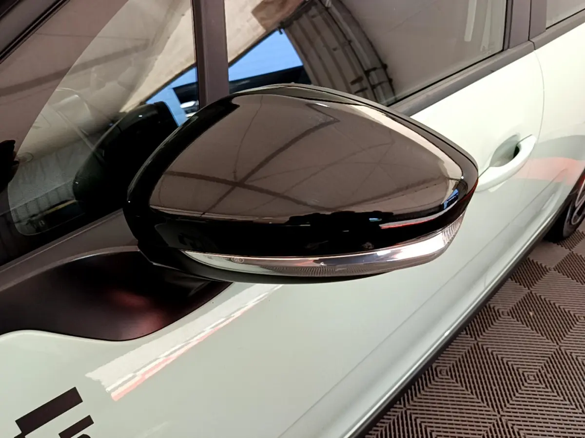Rétroviseur côté gauche noir brillant avec clignotant intégré sur Citroën C3 vert vue rapprochée du côté conducteur.