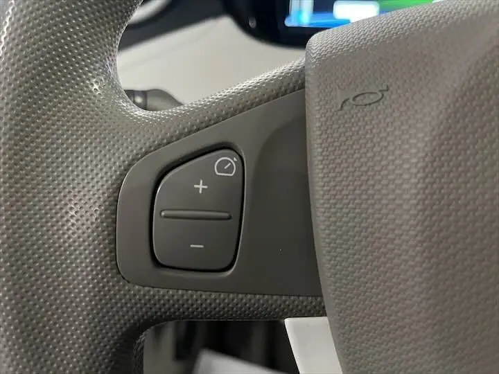 Gros plan sur les commandes de réglage de l'éclairage au volant gris clair de la Renault ZOE blanc glacier Phase 1.