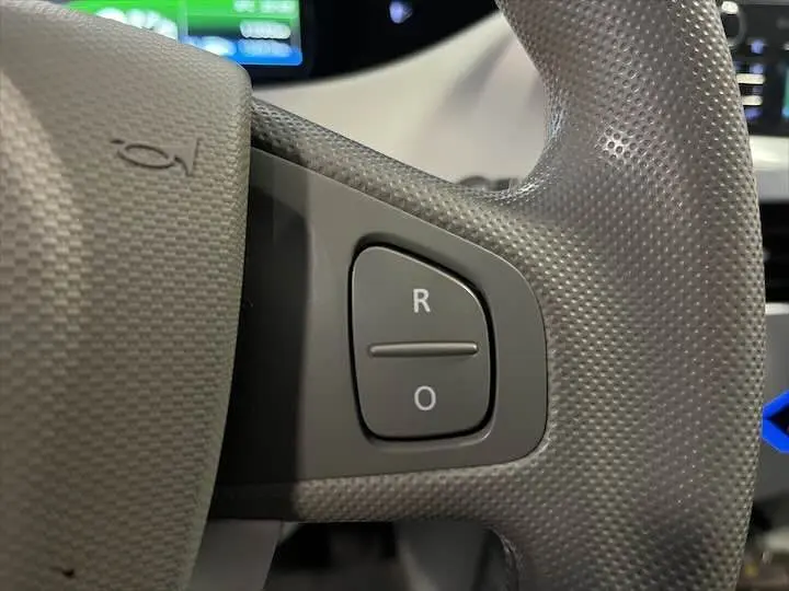 Gros plan sur les boutons R et O du volant gris texturé d'une Renault ZOE R90 LIFE 2019, tableau de bord en arrière-plan.