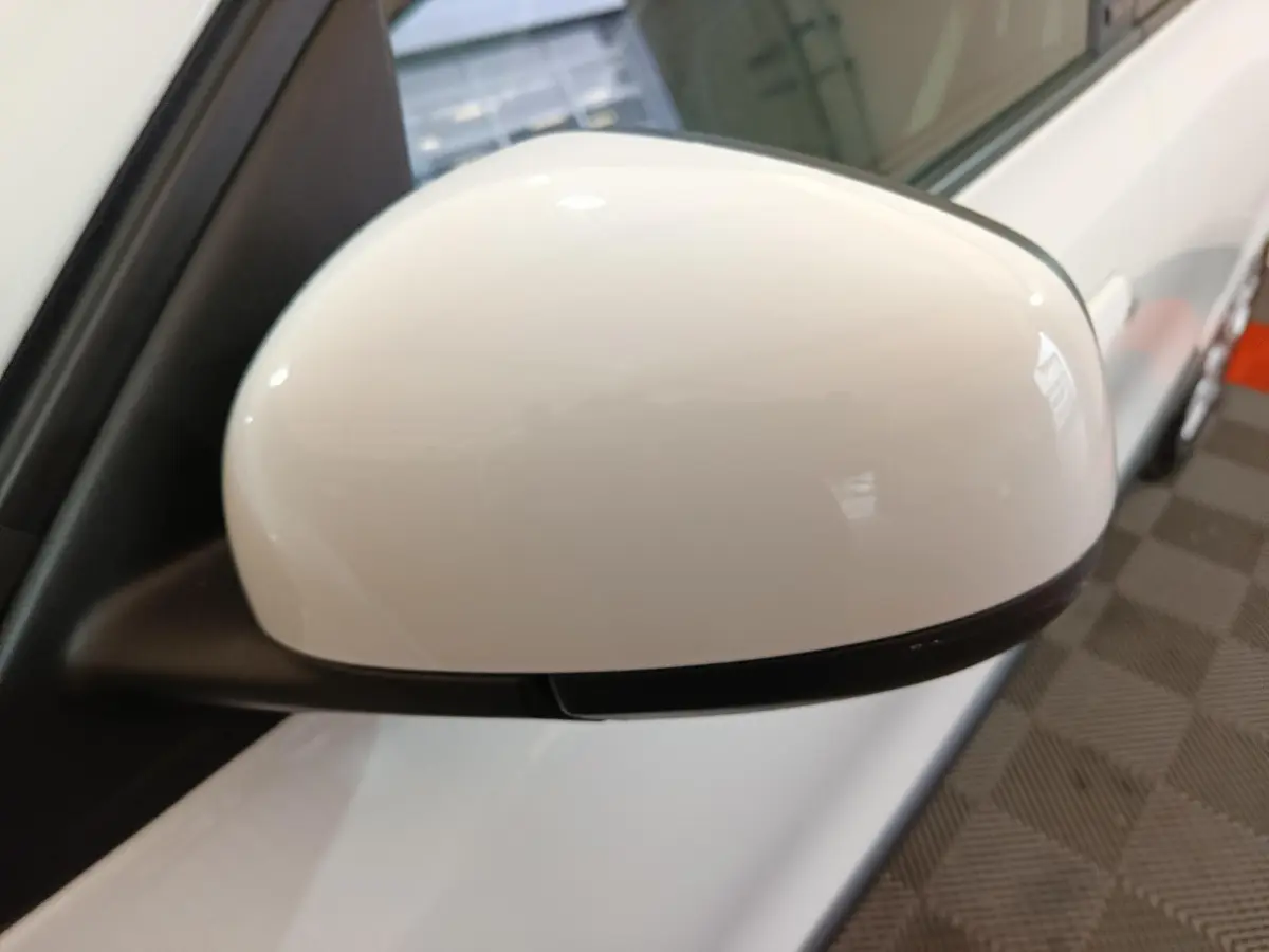 Rétroviseur côté gauche blanc de la Renault Twingo Zen électrique 2021, vue rapprochée sur porte et poignée.