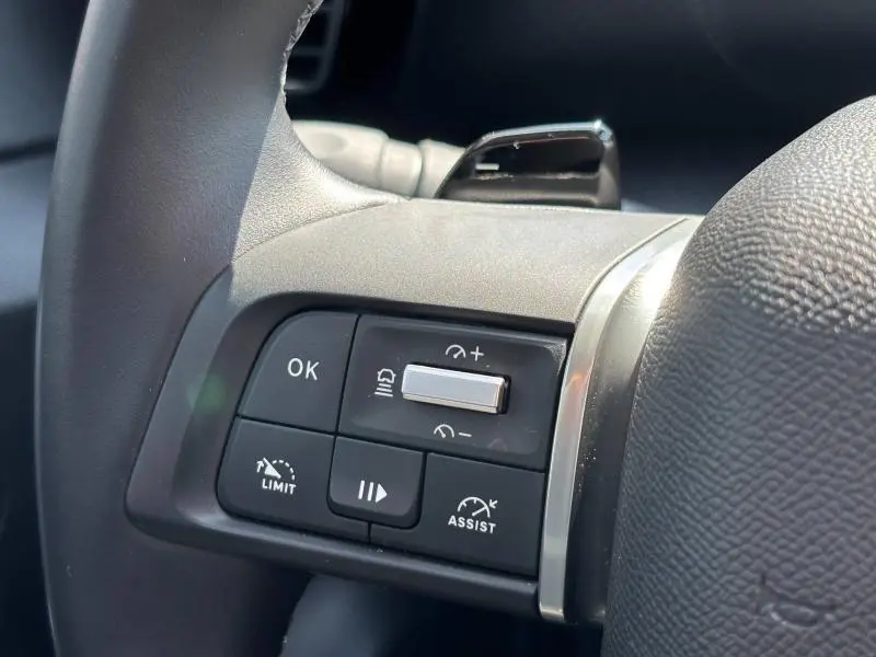 Gros plan sur les commandes au volant du côté gauche du Citroën C4 X rouge Elixir, boutons de régulateur et assistances visibles.