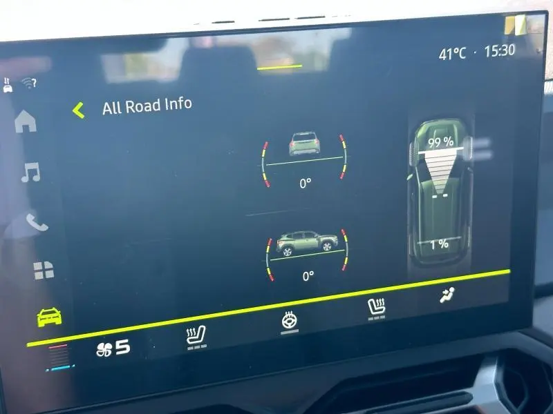 Écran tactile intérieur du Dacia Duster 2025 montrant les informations tout-terrain et la température extérieure à 41°C.