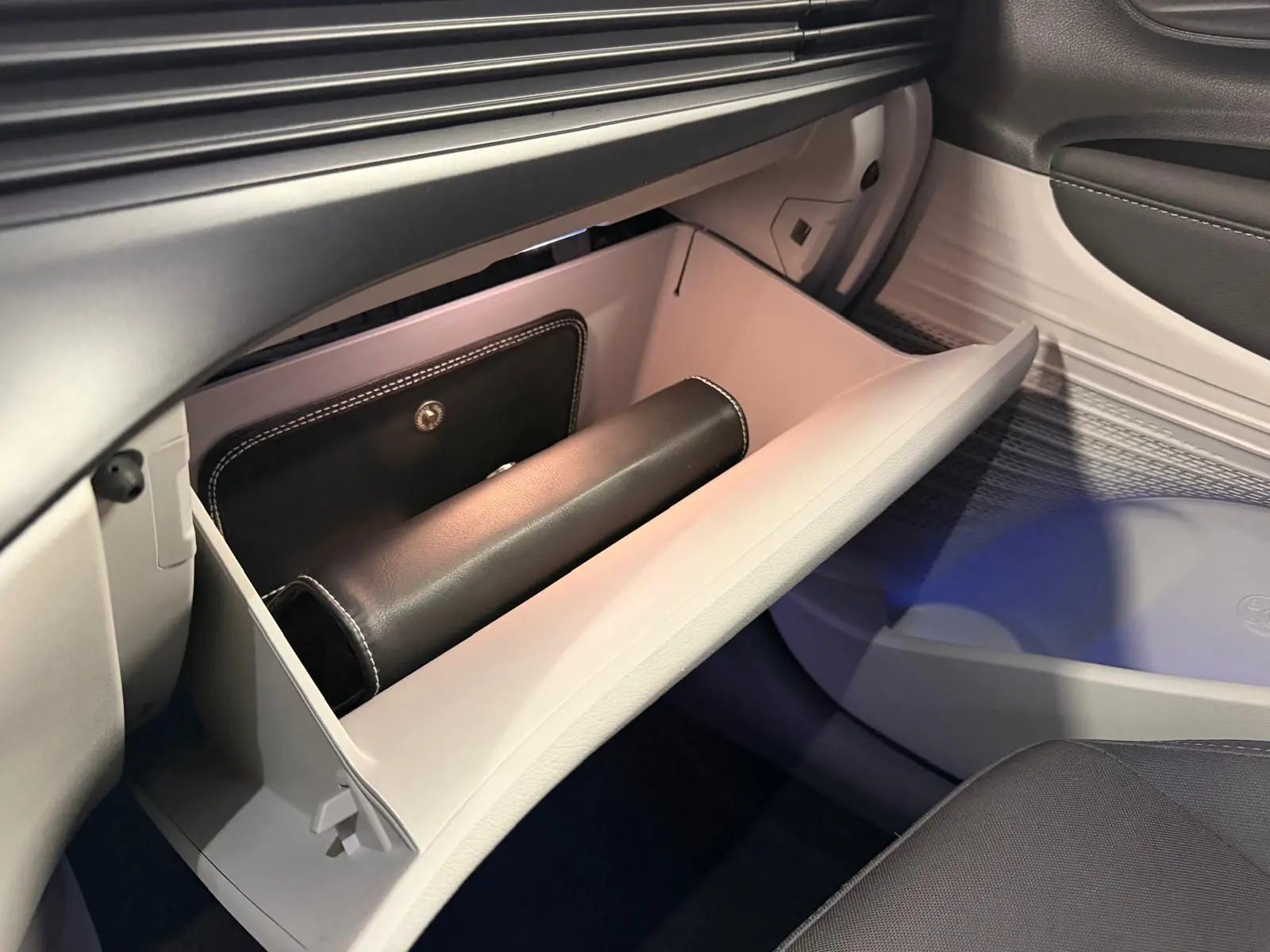 Gant de rangement ouvert côté passager intérieur bi-ton gris et noir avec éclairage d'ambiance bleu visible.