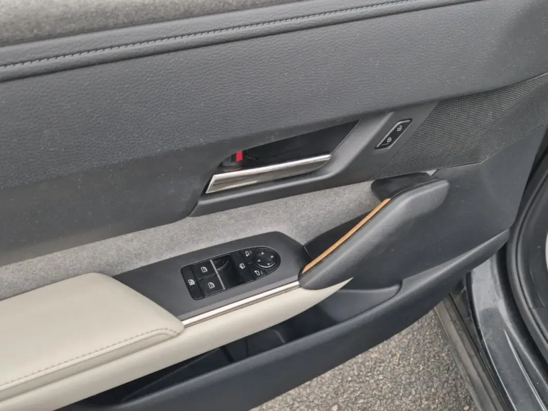Gros plan sur la garniture de la porte côté gauche d'une Mazda MX-30 2021 avec sellerie claire et insert bois.