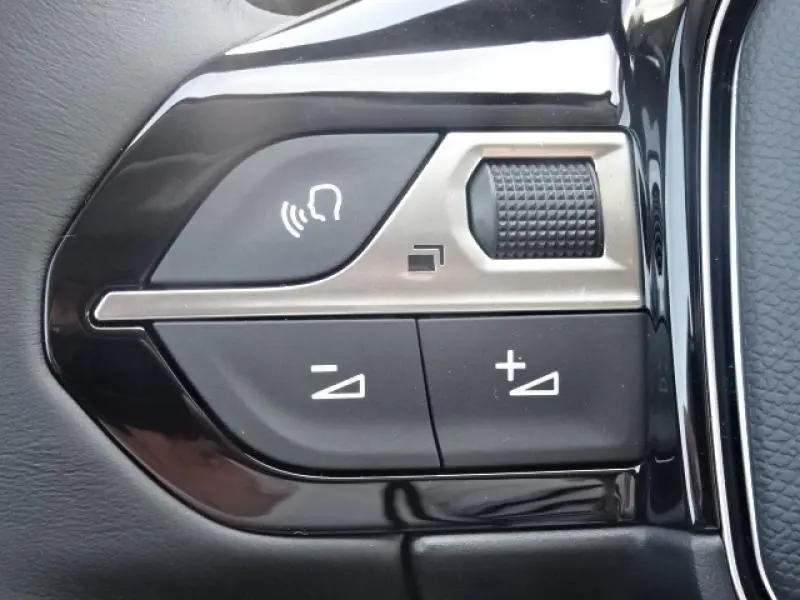 Gros plan sur les commandes de volume et de reconnaissance vocale sur le volant d'un Peugeot 3008 gris clair de 2019.