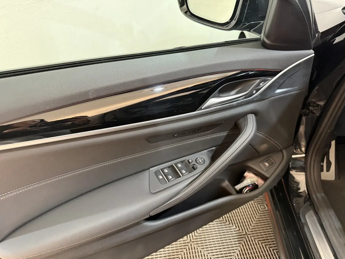 Vue intérieure côté gauche de la porte avant noire de la BMW Série 5 Touring avec commandes de vitres et poignée chromée.