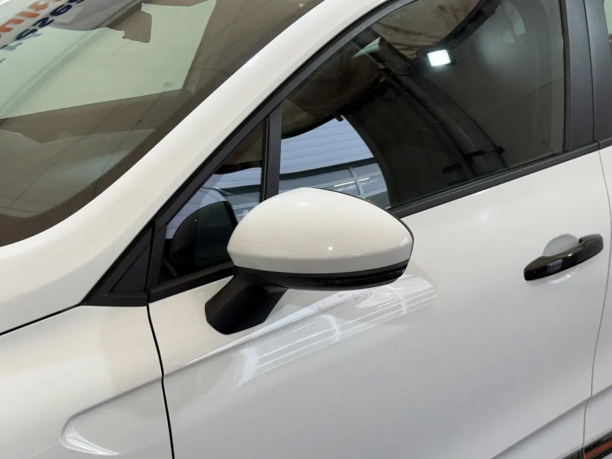 Gros plan sur le rétroviseur côté conducteur blanc et la porte avant droite blanche d’une Renault Clio Business 2020.