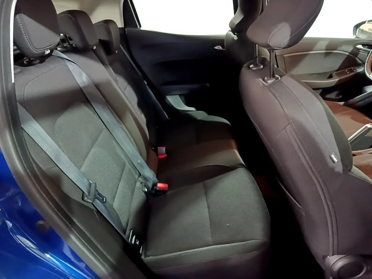 Vue intérieure côté gauche sur la banquette arrière noire d'une Renault Clio Business bleu visible à l'ouverture de la porte.