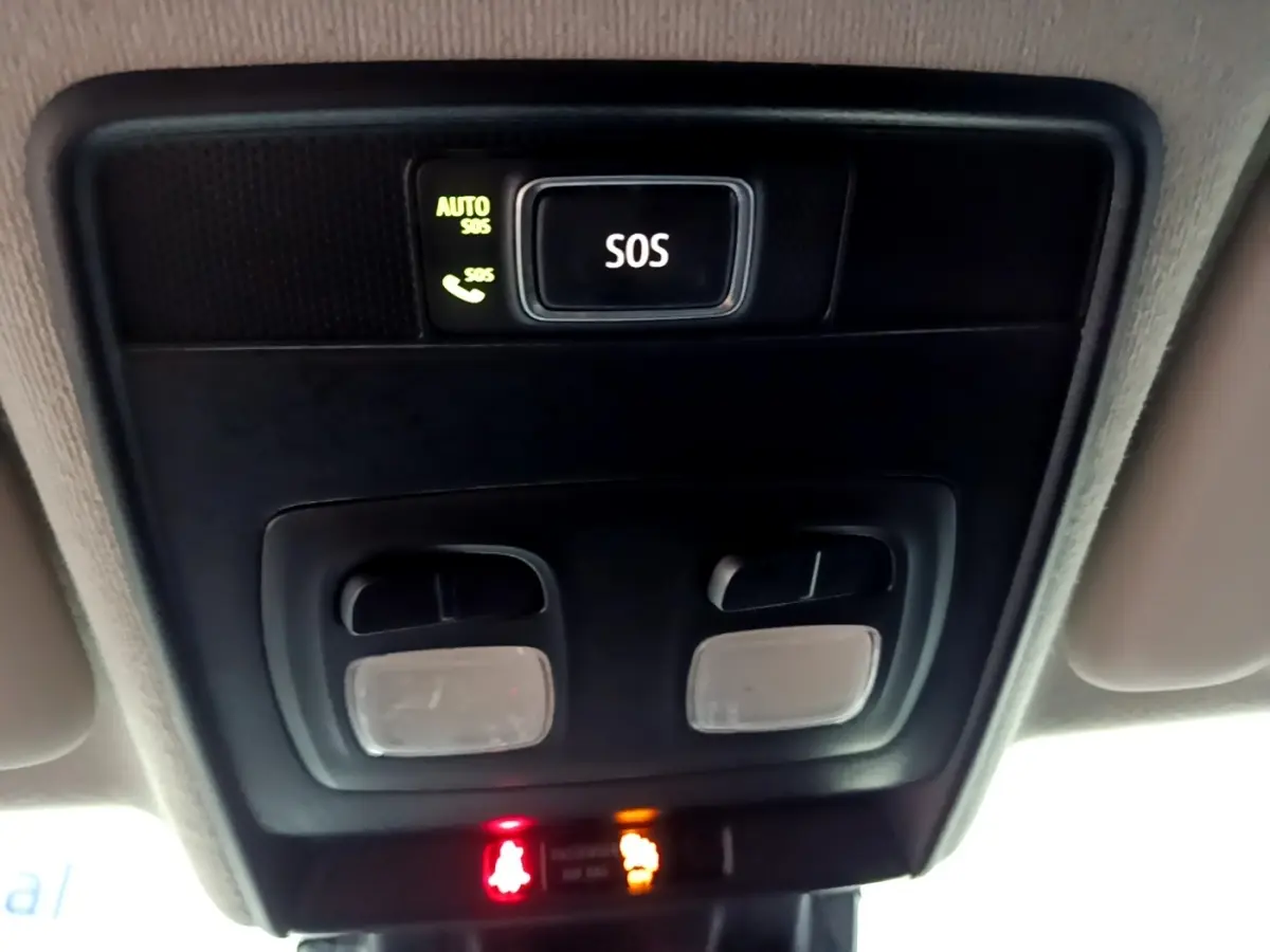 Vue rapprochée du plafonnier intérieur avec bouton SOS et éclairages dans une Renault Clio Business bleu 2022.
