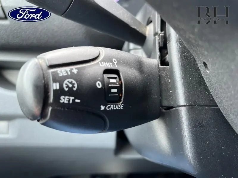 Gros plan sur la commande de régulateur de vitesse noire dans l'habitacle d'un Citroën Jumpy blanc banquise.