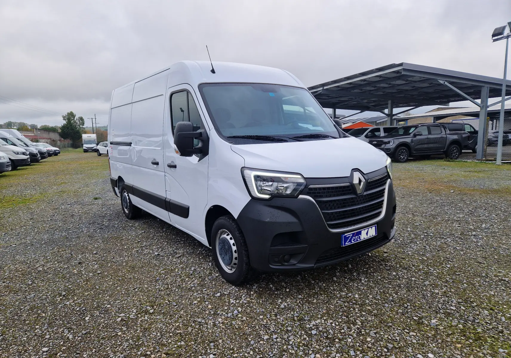Renault Master blanc en vue 3/4 avant droit sur parking, avec calandre noire et hayon arrière visible.