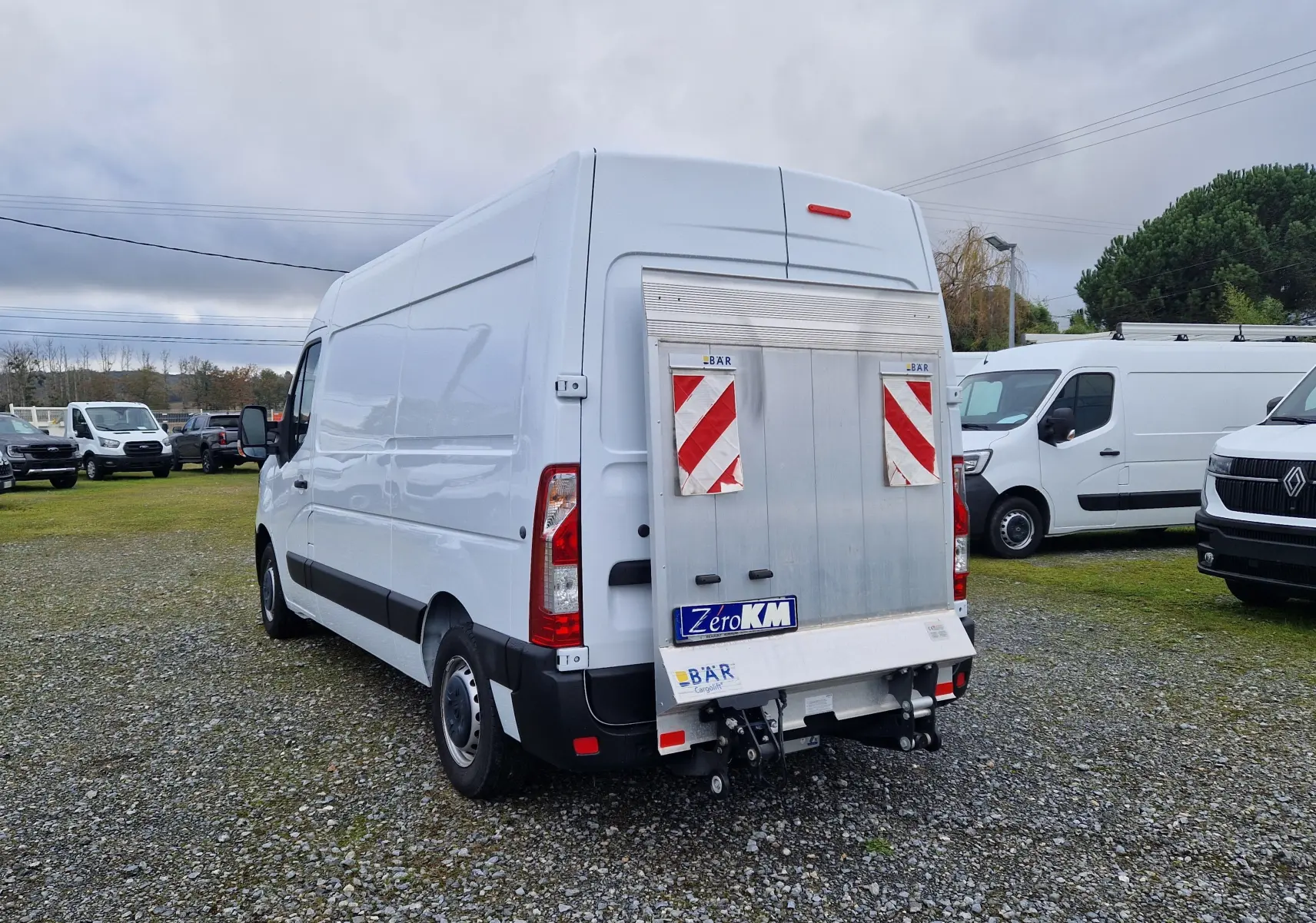 Vue 3/4 arrière droite d'un utilitaire Renault Master blanc équipé d'un hayon élévateur métallique avec marquages réfléchissants rouges.