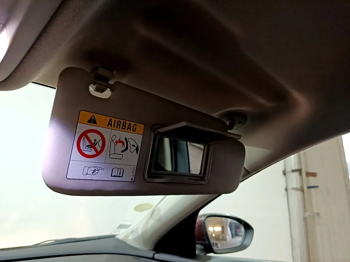 Intérieur de l’Opel Insignia rouge, vue côté gauche sur pare-soleil avec miroir et rétroviseur extérieur.