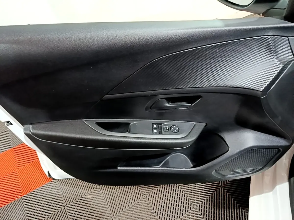 Vue intérieure du panneau de porte avant gauche de la Peugeot 208 blanche, avec commandes de vitres et insert effet carbone.