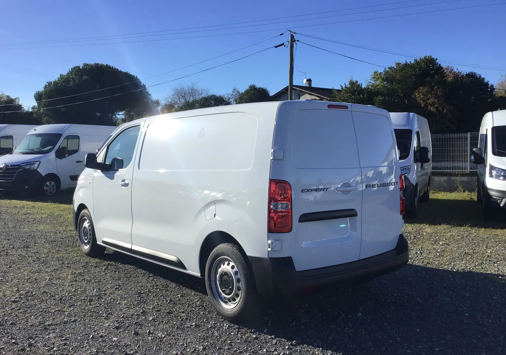 Peugeot Expert Fourgon blanc vu en 3/4 arrière droit, avec portes arrière fermées et jantes acier simples.