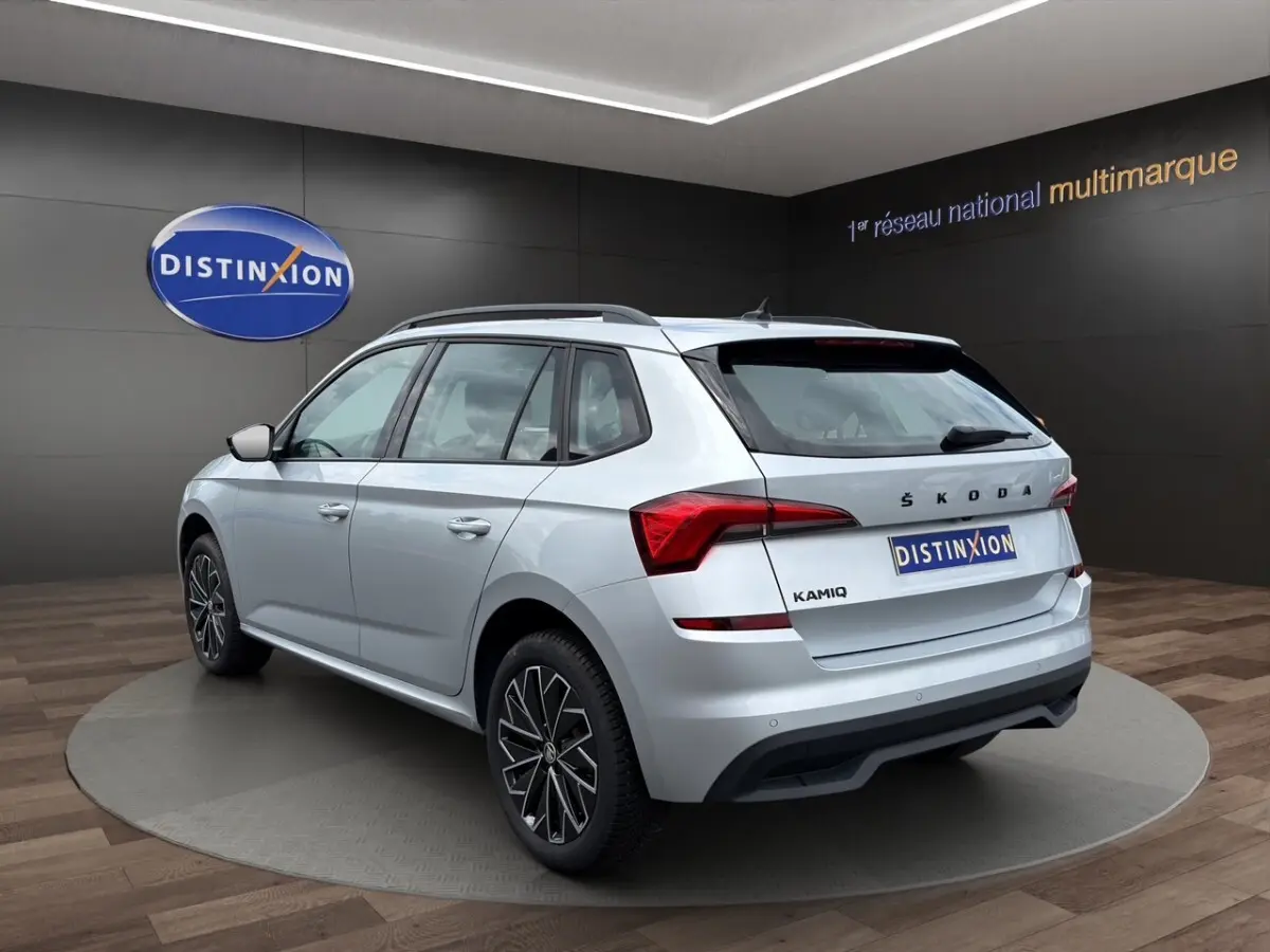 Vue de profil côté gauche d'un Skoda Kamiq gris clair 2023 avec jantes bi-ton et rétroviseurs noirs.