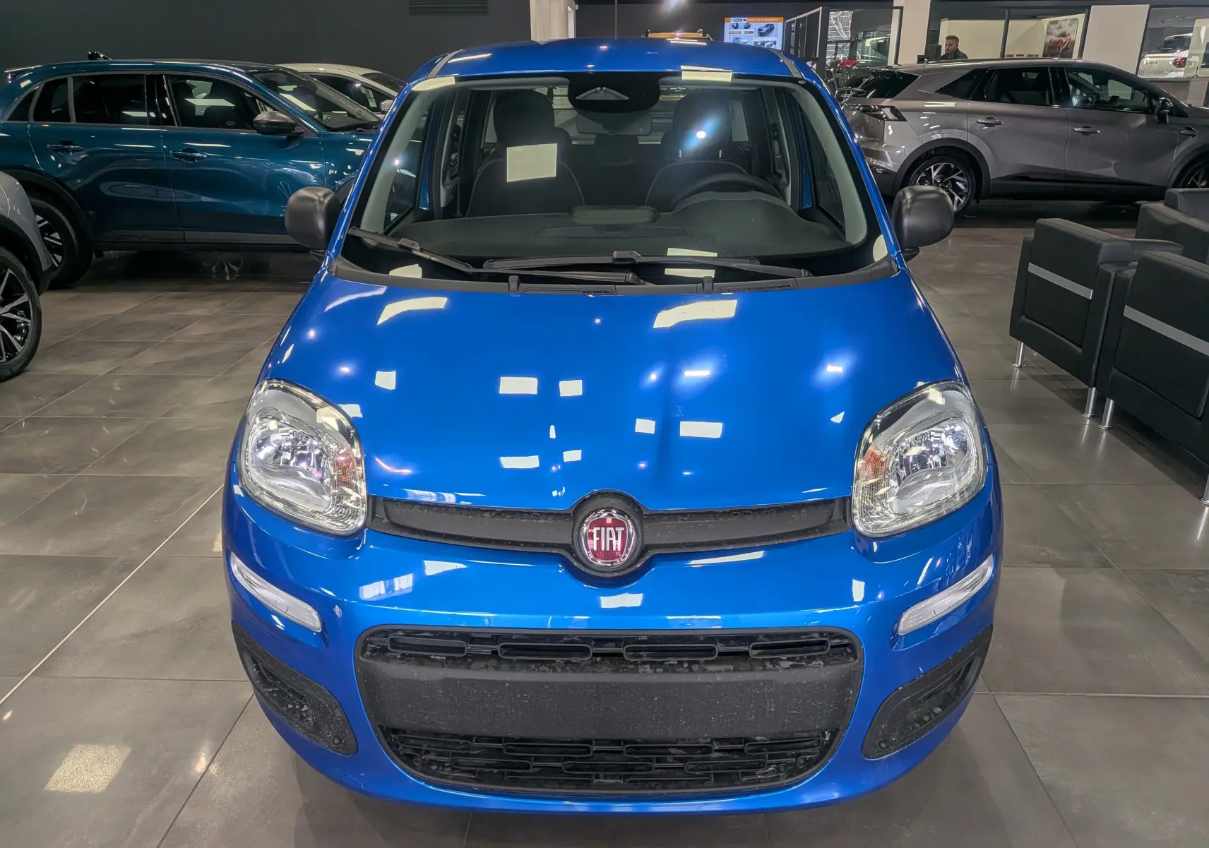 Vue de face d'une FIAT Panda 1.0 70 CH Hybrid City bleu Italia dans un showroom, avec logo FIAT visible.