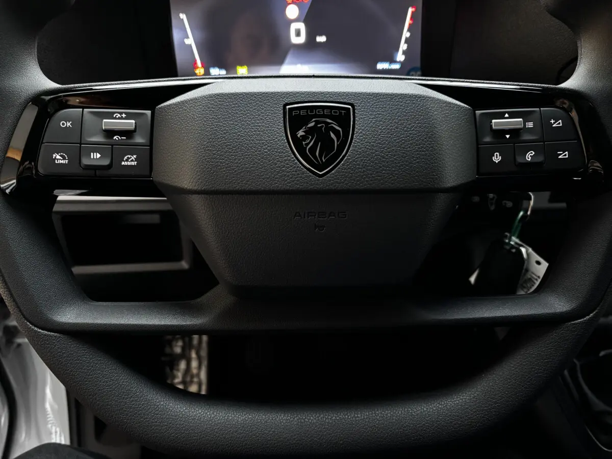 Gros plan sur le volant noir multifonctions avec logo Peugeot du Peugeot Expert Fourgon Taille M 2025.
