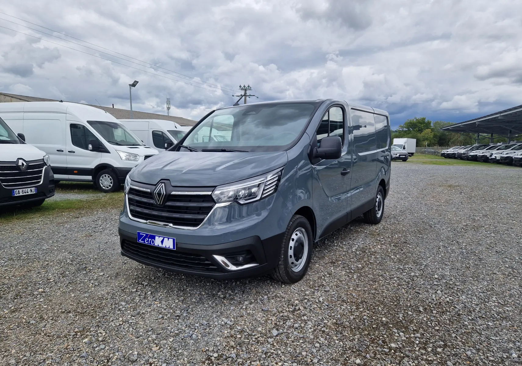 Renault Trafic Fourgon gris urbain vu en 3/4 avant droit sur un parking avec plusieurs utilitaires blancs.