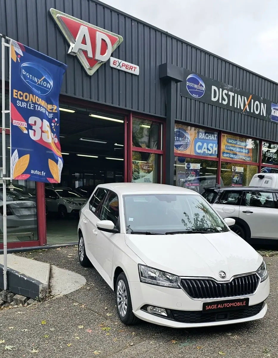 Vue 3/4 avant d'une Skoda Fabia blanche Cristal garée devant un garage avec calandre noire et feux LED.