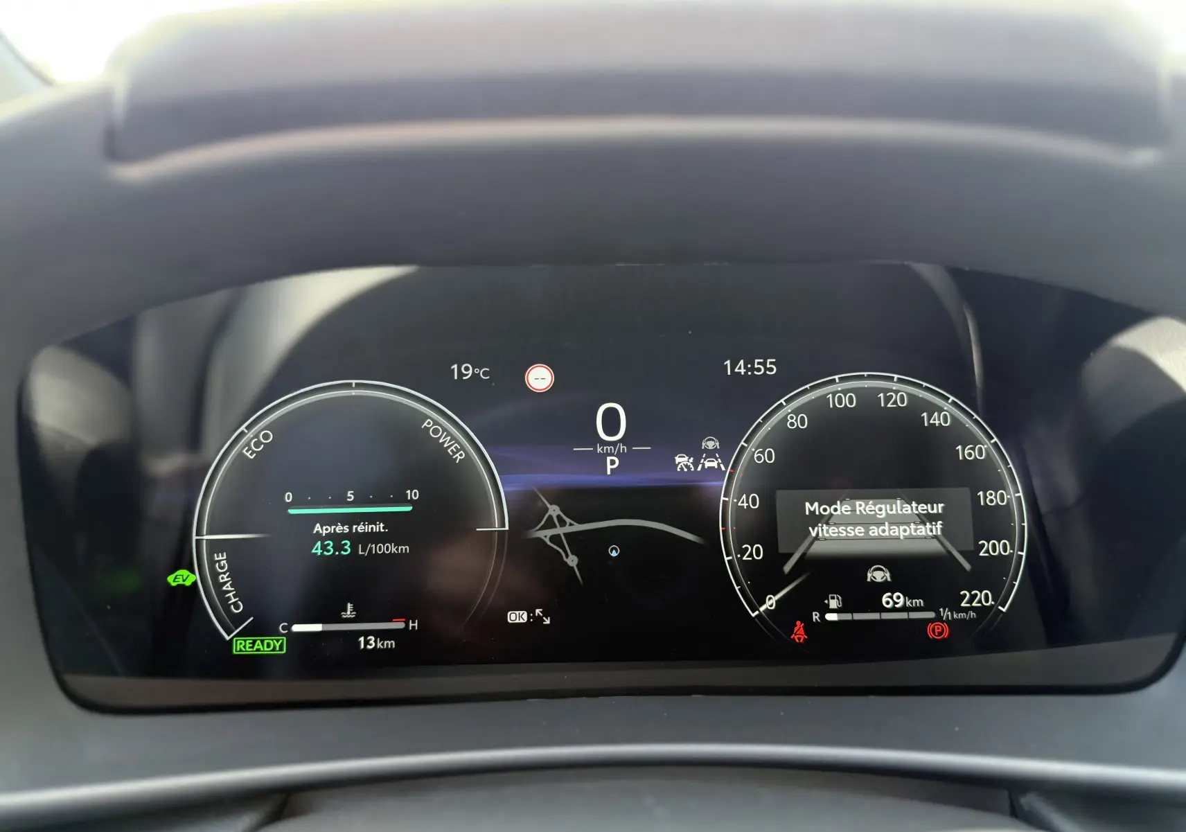 Tableau de bord numérique du Toyota C-HR 1.8 Hybride 140 Style affichant la vitesse à zéro et le mode régulateur adaptatif.