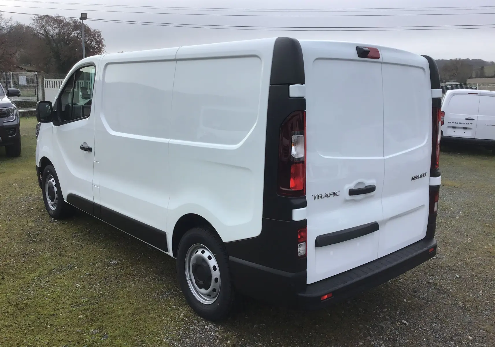 Vue 3/4 arrière droite du Renault Trafic Fourgon blanc, avec feux arrière verticaux et porte arrière double.
