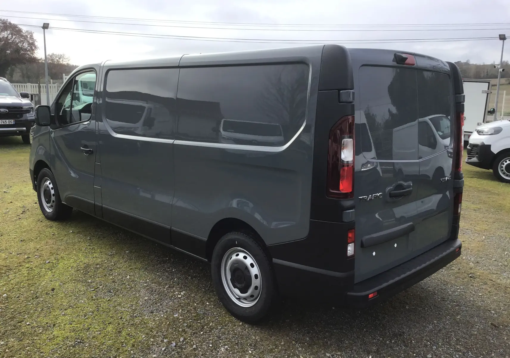 Renault Trafic Fourgon gris urbain vu en 3/4 arrière droit, avec portes arrière fermées et jantes acier simples.
