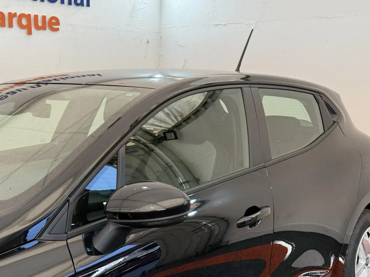 Profil côté gauche de la Renault Clio noire Evolution Blue dCi 100, avec rétroviseur et poignée de porte visibles.