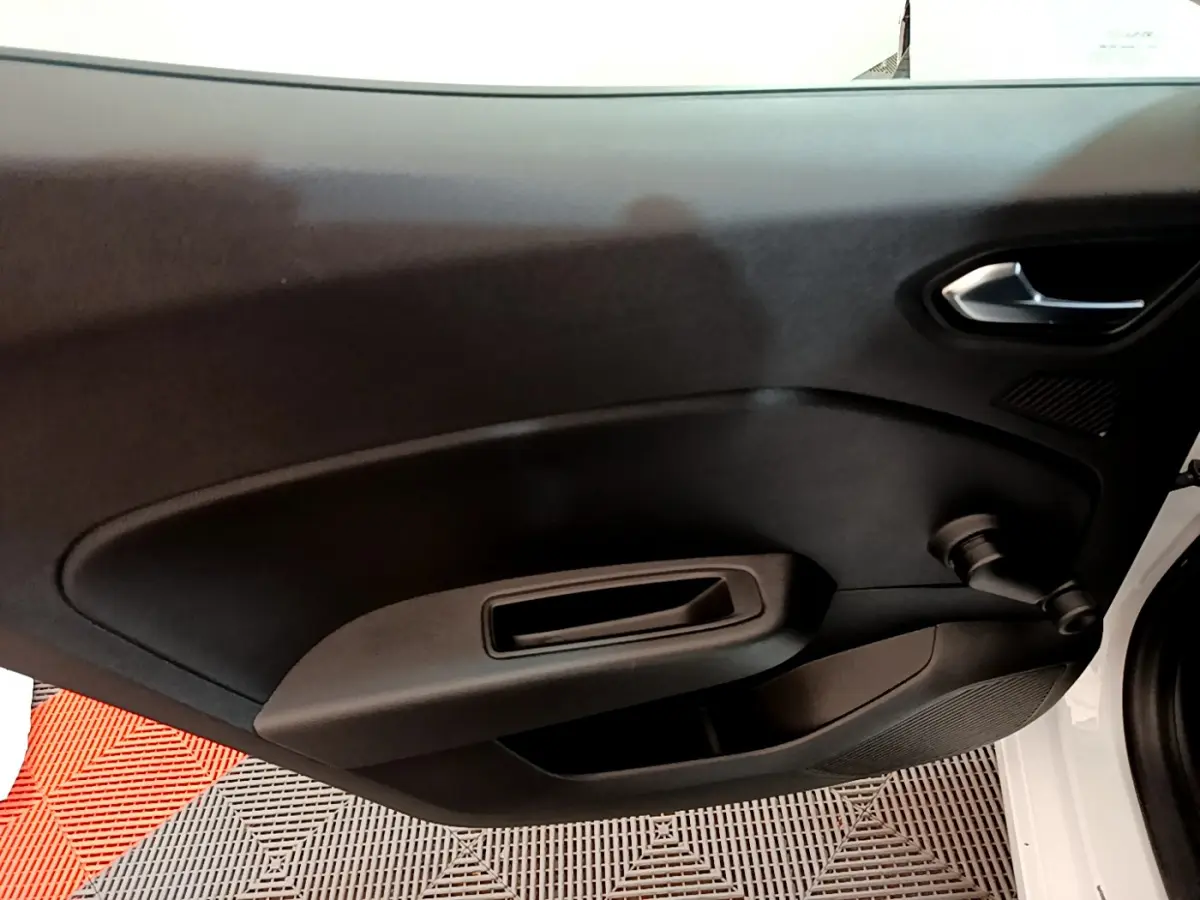 Vue rapprochée de la porte avant droite noire intérieure d'une Renault Clio Business blanche de 2020.