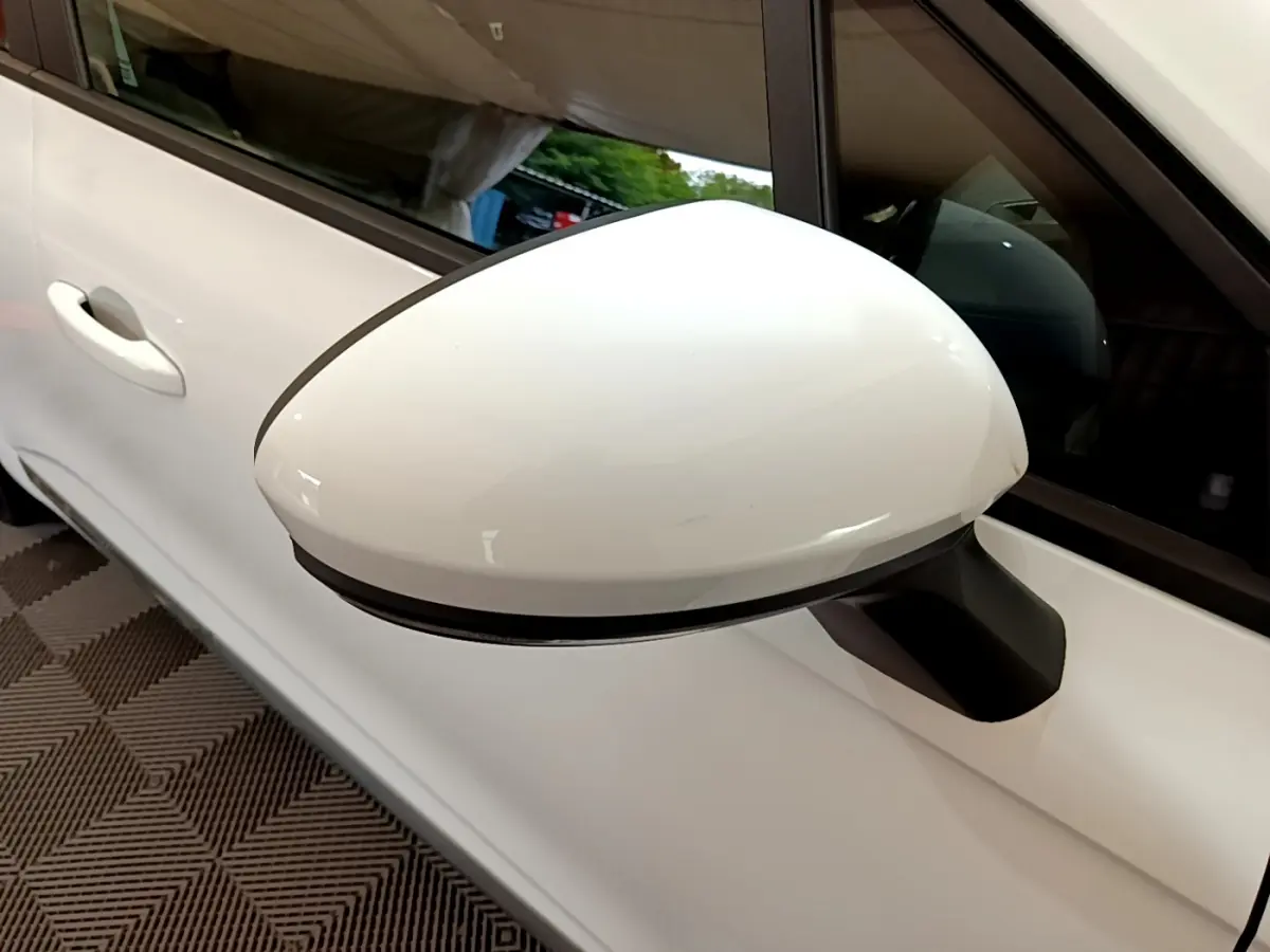 Rétroviseur blanc côté gauche de la Renault Clio Business TCe 100 2020, vue rapprochée sur la portière et la vitre.