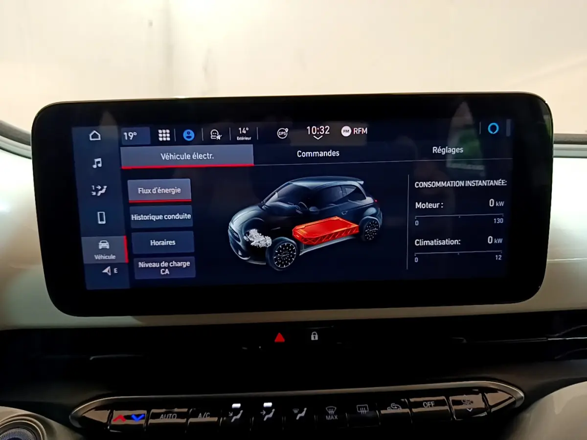 Écran tactile central montrant l'interface énergie d'une Fiat 500 électrique, tableau de bord clair et moderne.