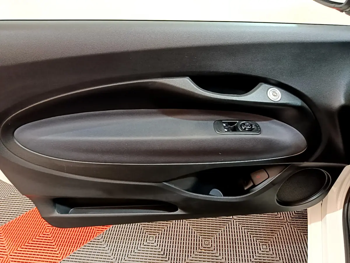 Vue rapprochée de la porte côté gauche noire avec commandes électriques sur une Fiat 500 blanche 42kWh Icône 2022.