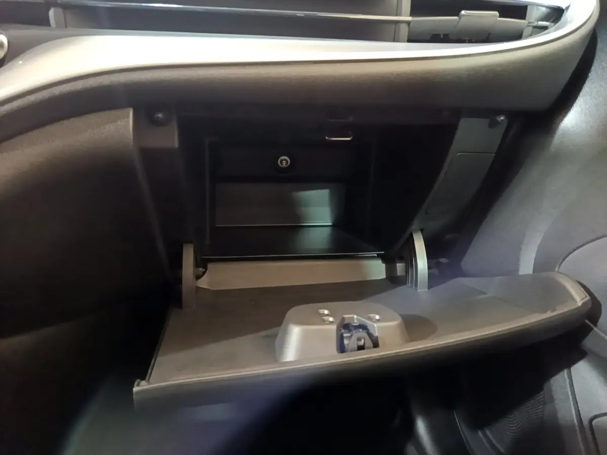 Gros plan sur la boîte à gants ouverte côté passager de la Fiat 500 électrique blanche, intérieur noir.