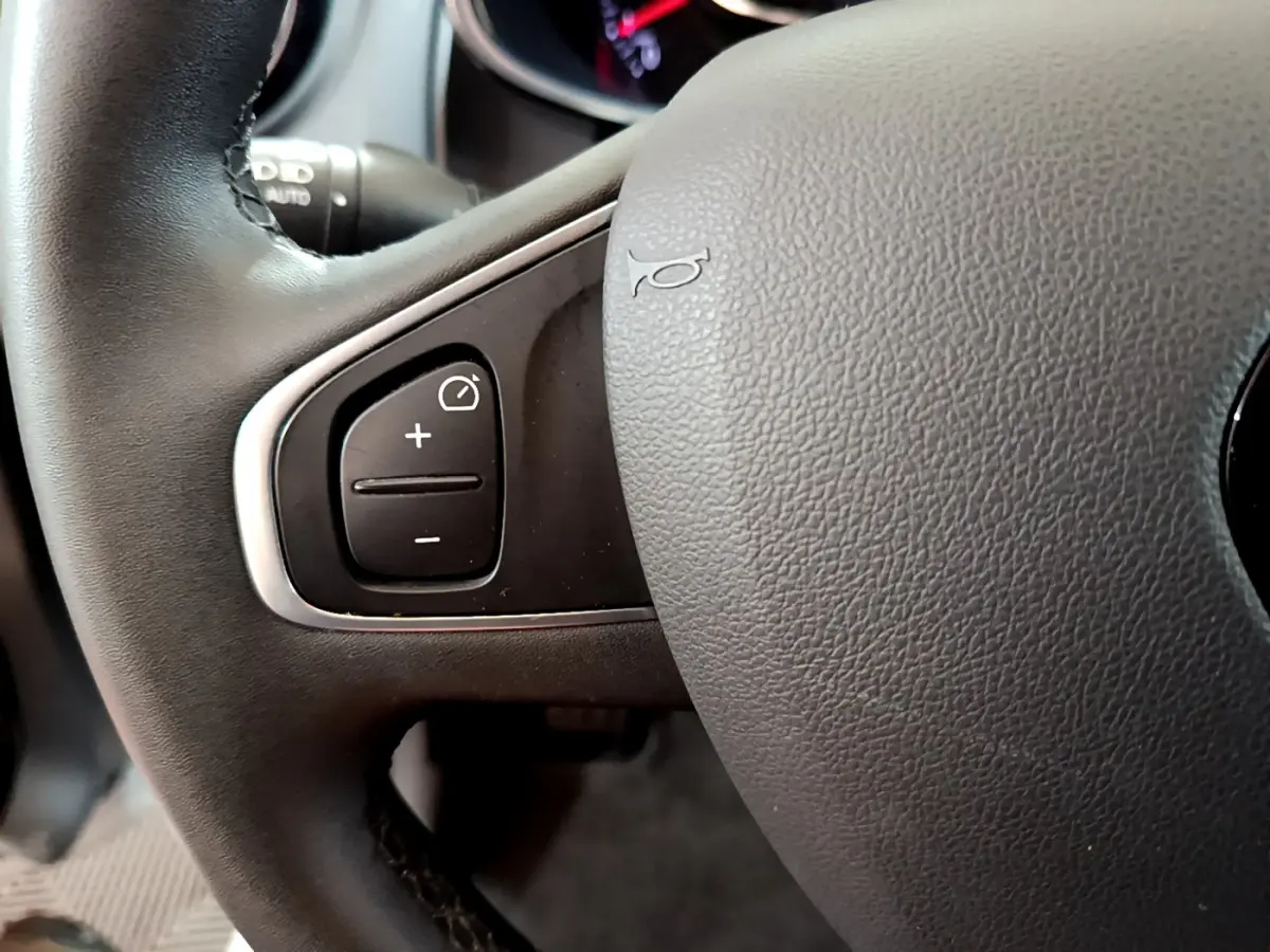 Gros plan sur le volant cuir de la Renault Clio Business TCe 90, avec commandes de régulateur de vitesse à gauche.